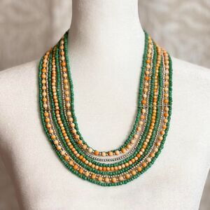 Green,‎ Tan, & Silver Beaded Festival Boho Retro Amazonian Minimalist Necklace